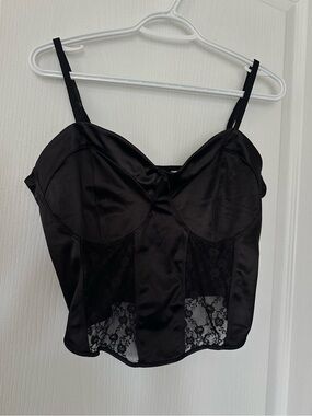 🔥 2/$20 Black Satin Style Lace Corset Bustier Crop Top Goth Coquette Date Night